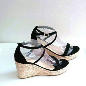 Makegsi Black Strappy Wedge Sandals 9 Open Toe Ankle Strap Faux Suede Shoe